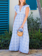 Blue Medallion V-Neck Flutter Sleeve Maxi Dress